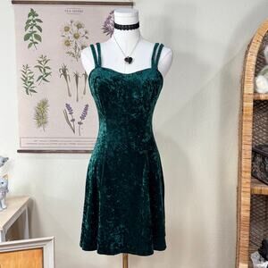 Vintage Green Crushed Velvet Mini Dress Witchy Whimsigoth Dark Fairy Forest S